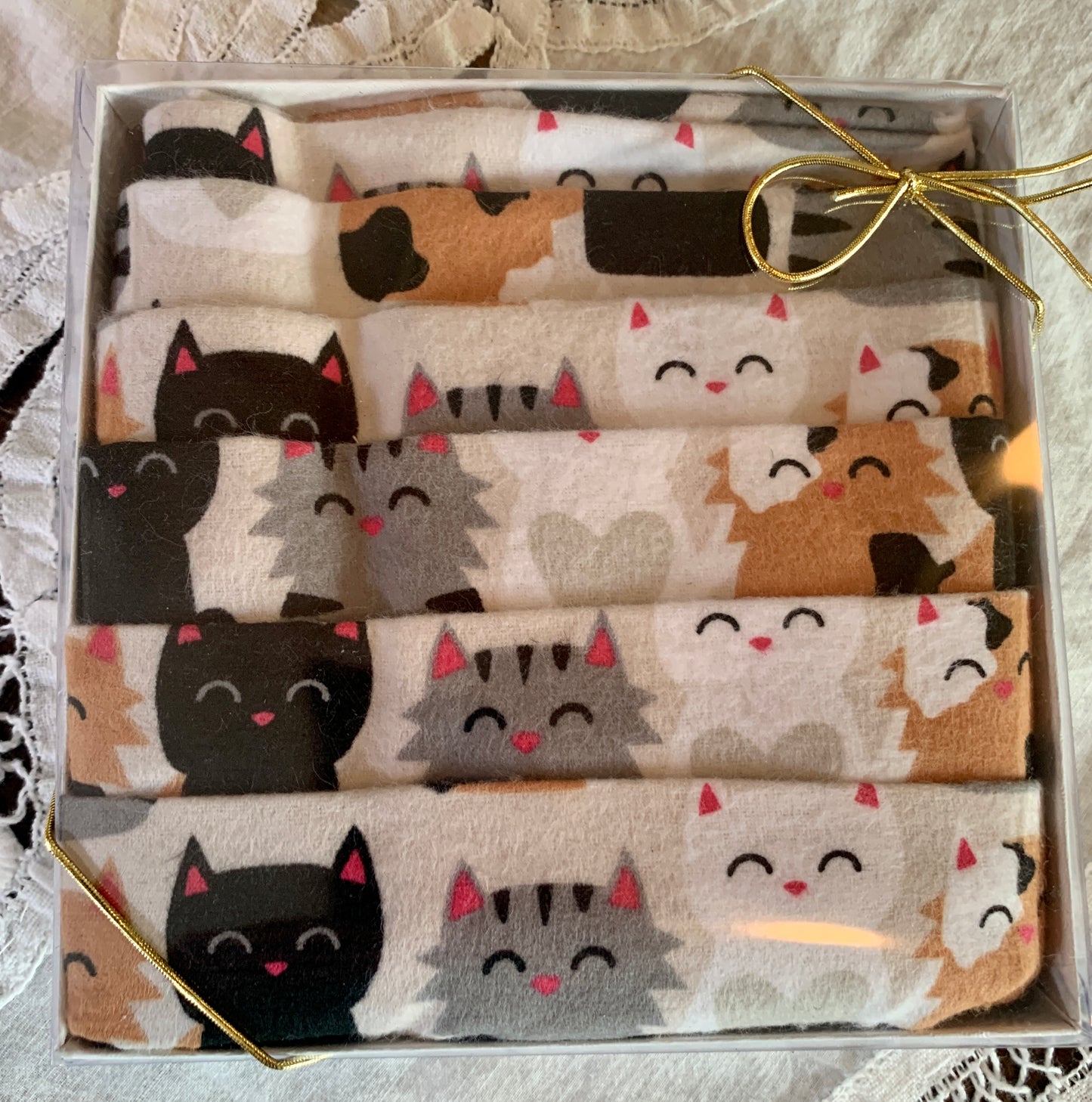 Cute, kitty kat, reusable, handkerchiefs, soft flannel, 7 piece set, gift set, birthday gifts