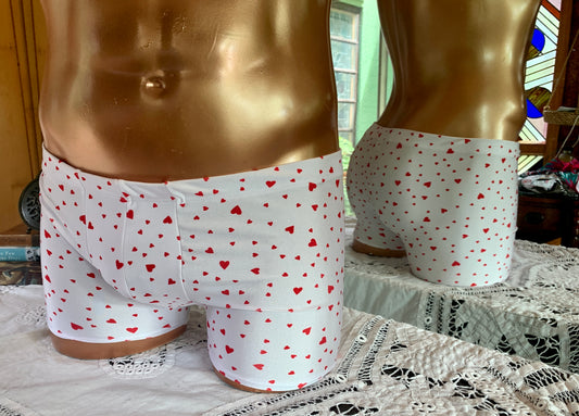 Large, red baby hearts, full cut, boxer brief, swimwear, bathing suits, underwear, swim trunks, Mary Angel Boutique, Starwear.us