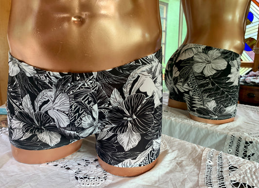 Large, Black and white floral, full cut, boxer brief, swimwear, bathing suits, underwear, swim trunks, Mary Angel Boutique, Starwear.us