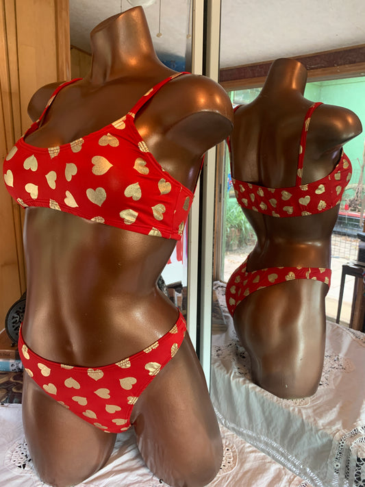 Large, gold hearts on red, bikini swimsuit, one pieces, body suits, leotards, one piece suits, swimsuit, bathing suits, bikinis, sexy bikinis, starwearusa, MaryAngelBoutique